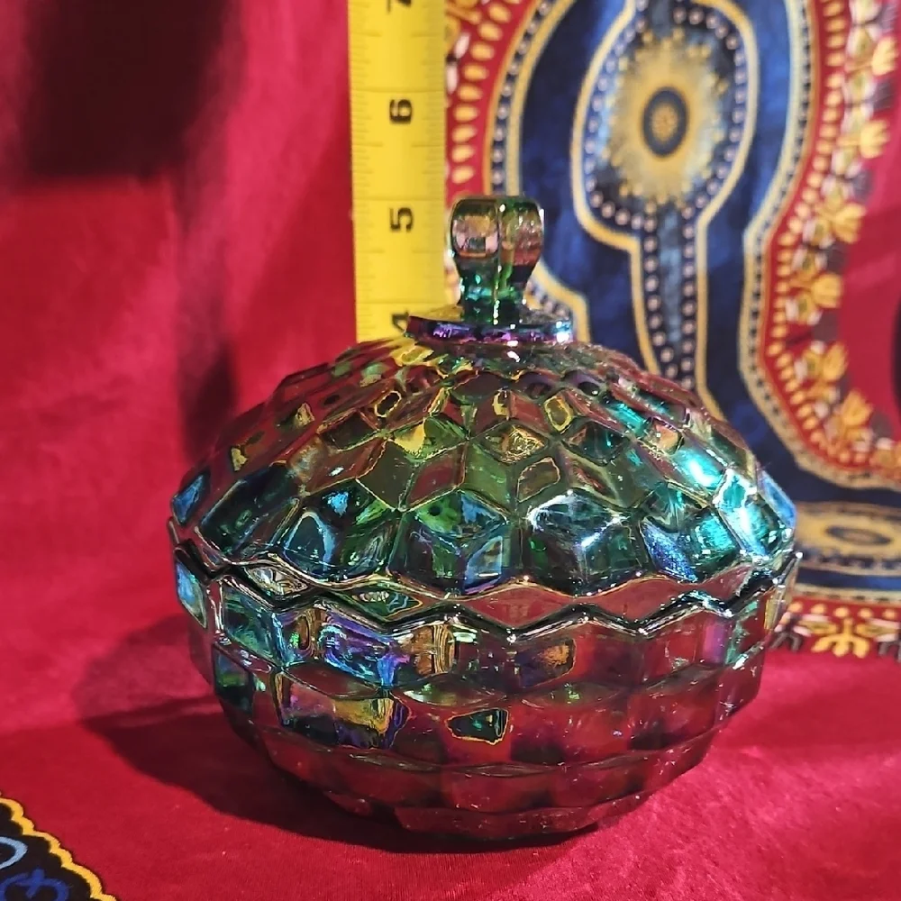 Indiana Glass Whitehall American Peacock Iridescent Carnival Cubist Covered Dish